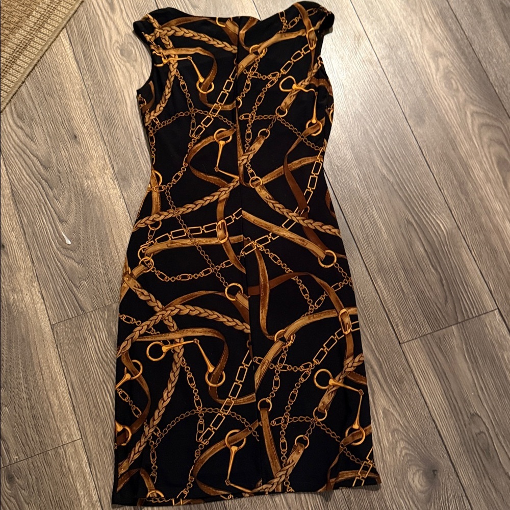 Ralph Lauren Black and Gold horse bit Chain Pattern Midi Dress equestrian size 4 - Picture 5 of 6